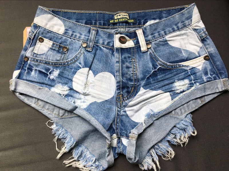 Blue Shorts Hearts!Blue Jeans,Printed Denim Hot Pants, Bottoms,Femme Bottoms - Bohedian.Shop