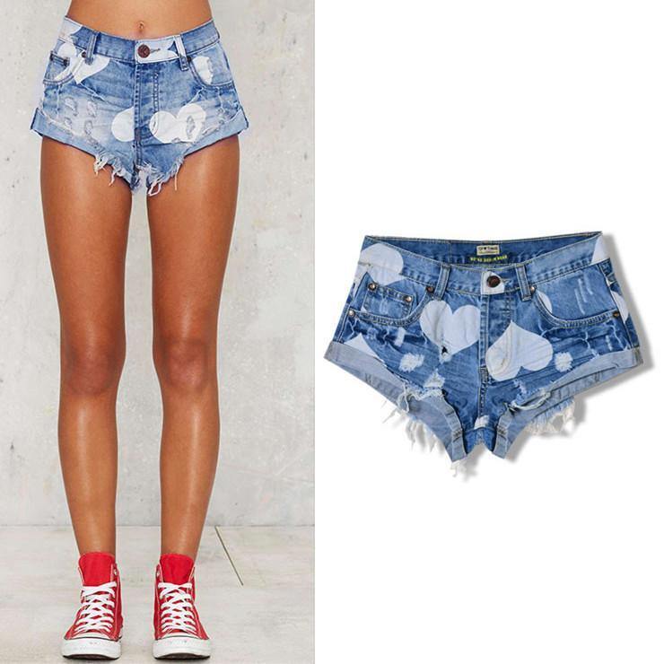 Blue Shorts Hearts!Blue Jeans,Printed Denim Hot Pants, Bottoms,Femme Bottoms - Bohedian.Shop