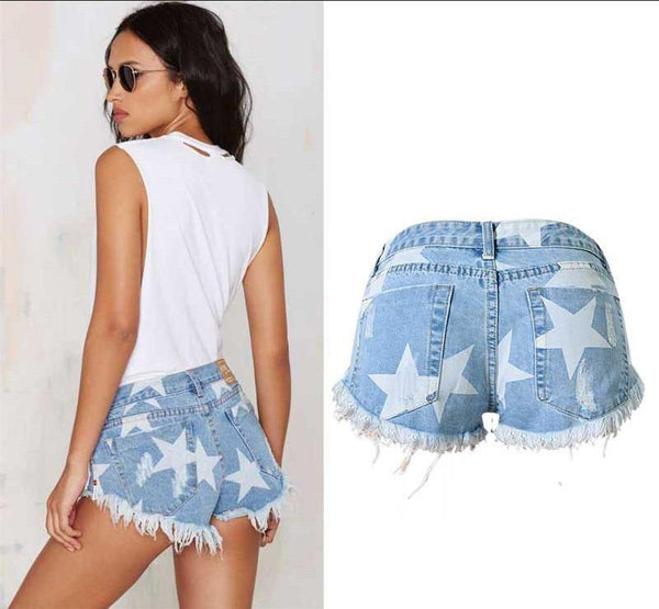 Blue Shorts Stars!Blue Jeans,Printed Denim Hot Pants, Bottoms,Femme Bottoms - Bohedian.Shop