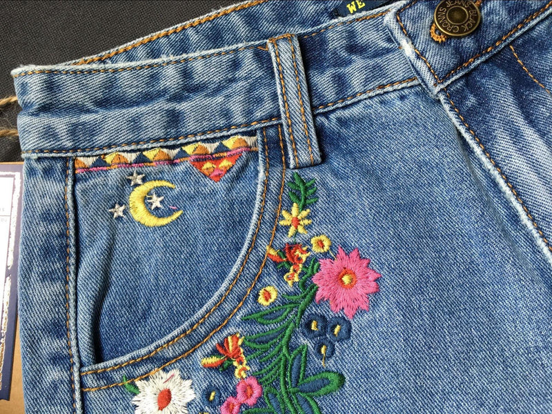 Boho Floral Embroidery!Blue Jeans, Denim, Bottoms, Women Jeans, Femme Bottoms, Hot Pants - Bohedian.Shop