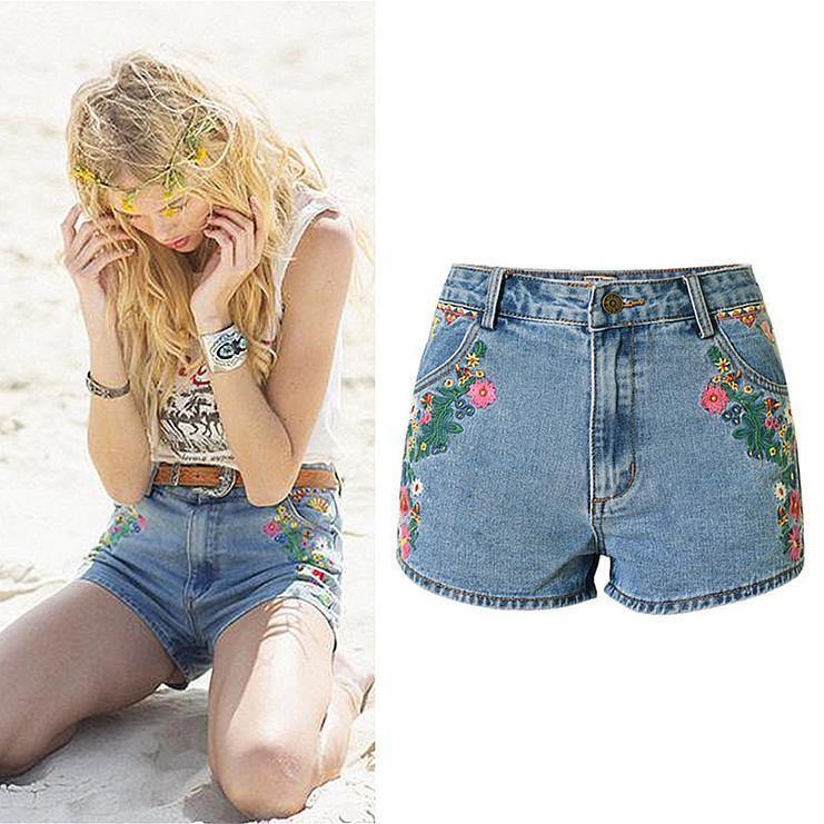 Boho Floral Embroidery!Blue Jeans, Denim, Bottoms, Women Jeans, Femme Bottoms, Hot Pants - Bohedian.Shop