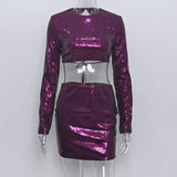 Purple Blingbling Sequins ! Sexy Shine Backless Crop Top and Mini Skirt 2-piece Clubwear set 2212