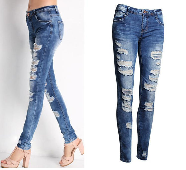 Classic Ripped!Blue Jeans, Denim, Bottoms, Women Jeans, Femme Bottoms, Pants Trousers-TownTiger