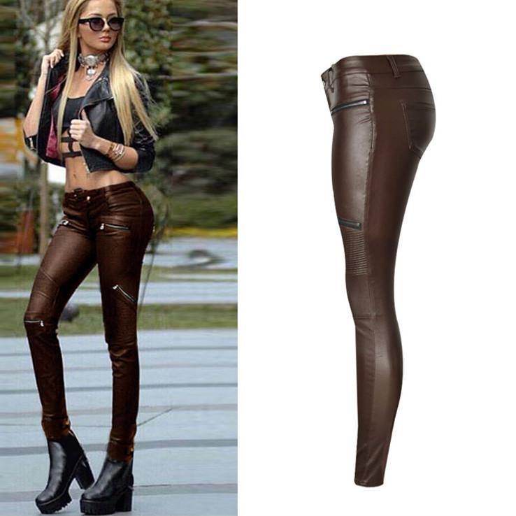 Coffee PU Skinny Motocycle! Leather Pants, Bottoms, Women Jeans, Femme Bottoms, Pants-TownTiger