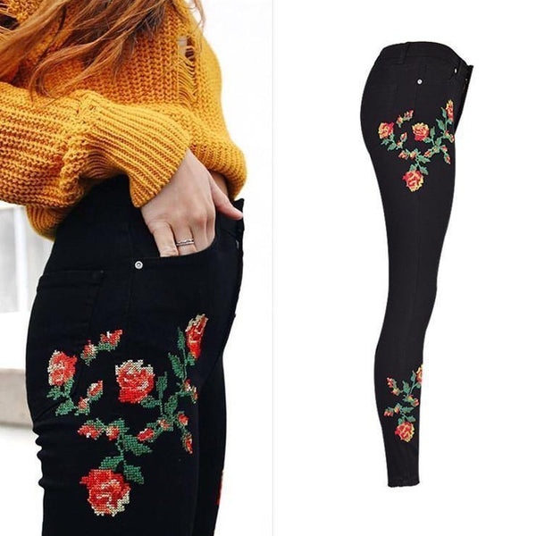 Cross Stitch Flowers! Black Embroidery Jeans, Denim, Bottoms, Women Jeans, Femme Bottoms-TownTiger