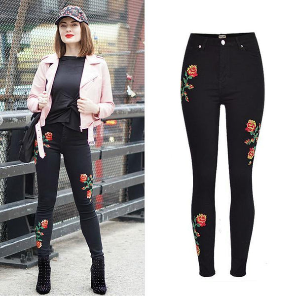 Cross Stitch Flowers! Black Embroidery Jeans, Denim, Bottoms, Women Jeans, Femme Bottoms-TownTiger