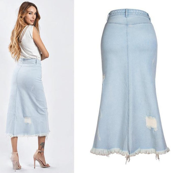 Denim Long Skirt Ripped!Blue Jeans, Denim, Hip-Hugger, Women Jeans, Femme Bottoms, Skirt-TownTiger