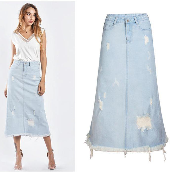 Denim Long Skirt Ripped!Blue Jeans, Denim, Hip-Hugger, Women Jeans, Femme Bottoms, Skirt-TownTiger