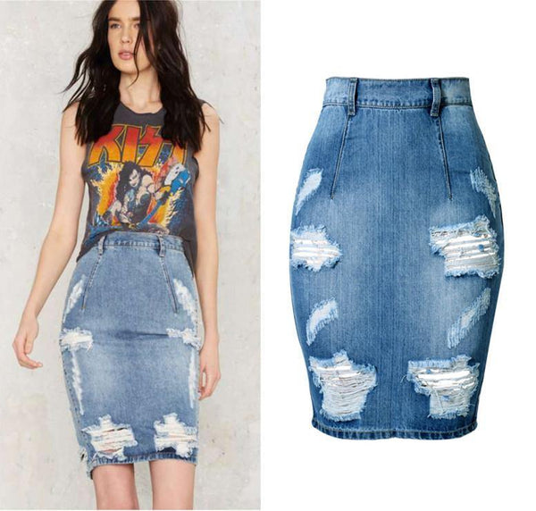 Denim Skirt Ripped Blue!Blue Jeans, Denim Skirt, Hip-Hugger, Women Jeans, Femme Bottoms-TownTiger