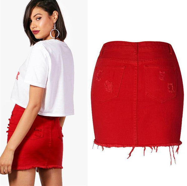 Denim Skirt Ripped Red!Blue Jeans, Denim Skirt, Hip-Hugger, Women Jeans, Femme Bottoms - Bohedian.Shop
