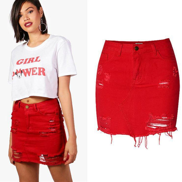 Denim Skirt Ripped Red!Blue Jeans, Denim Skirt, Hip-Hugger, Women Jeans, Femme Bottoms - Bohedian.Shop