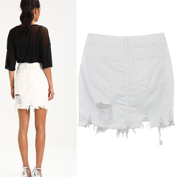 Denim Skirt Ripped! White Jeans, Denim, Hip-Hugger, Women Jeans, Femme Bottoms-TownTiger