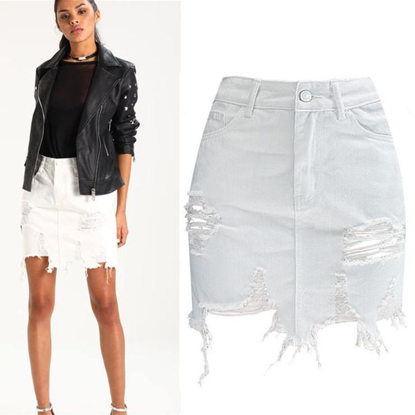 Denim Skirt Ripped! White Jeans, Denim, Hip-Hugger, Women Jeans, Femme Bottoms-TownTiger