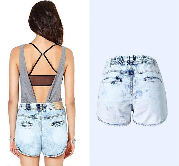 Elastic Band!Blue Jeans Shorts, Denim, Bottoms, Women Jeans, Femme Bottoms, Hot Pants-TownTiger