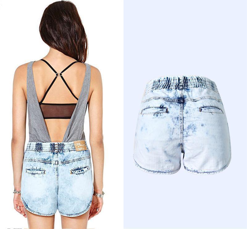 Elastic Band!Blue Jeans Shorts, Denim, Bottoms, Women Jeans, Femme Bottoms, Hot Pants-TownTiger