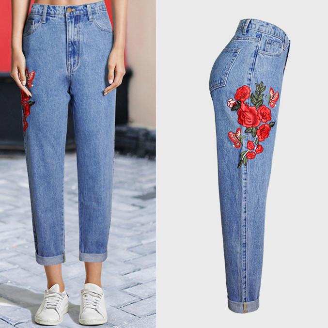 Embroidery!Straight Leg Blue Jeans, Denim, Bottoms, Women Jeans, Femme Bottoms - Bohedian.Shop