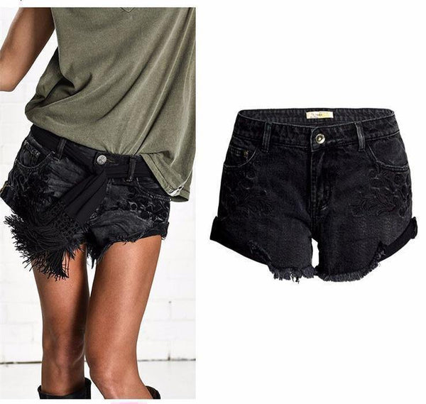 Floral! Black Ripped Shorts, Black Jeans, Ripped Denim Hot Pants, Bottoms,Femme Bottoms - Bohedian.Shop