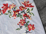 Flowers! Heavy Embroidered Blue Jeans, Ripped Denim, Bottoms, Women Jeans, Femme Bottoms-TownTiger