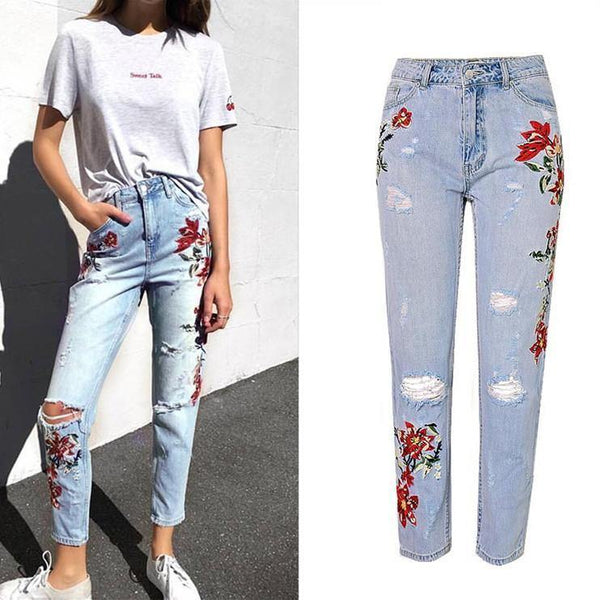 Flowers! Heavy Embroidered Blue Jeans, Ripped Denim, Bottoms, Women Jeans, Femme Bottoms-TownTiger