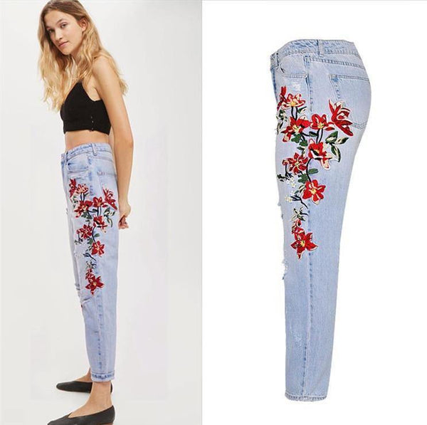 Flowers! Heavy Embroidered Blue Jeans, Ripped Denim, Bottoms, Women Jeans, Femme Bottoms-TownTiger