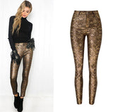 Gold Snake! Skinny Jeans, Denim with Faux Snake Skin Leather, Women Jeans, Leather Jeans-TownTiger