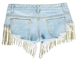 Gold Tassels! Blue Shorts Jeans, Sexy Denim Hot Pants, Bottoms,Femme Bottoms Hot Pants - Bohedian.Shop