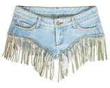 Gold Tassels! Blue Shorts Jeans, Sexy Denim Hot Pants, Bottoms,Femme Bottoms Hot Pants - Bohedian.Shop