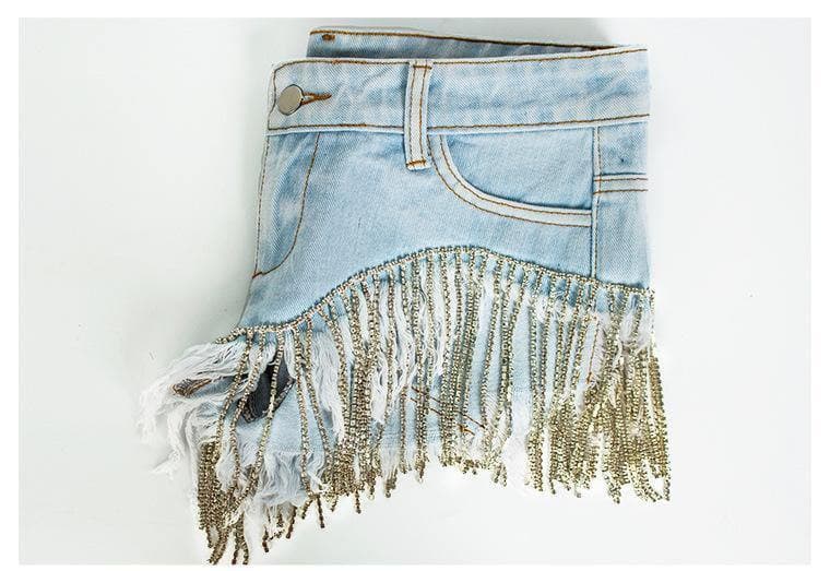 Gold Tassels! Blue Shorts Jeans, Sexy Denim Hot Pants, Bottoms,Femme Bottoms Hot Pants - Bohedian.Shop