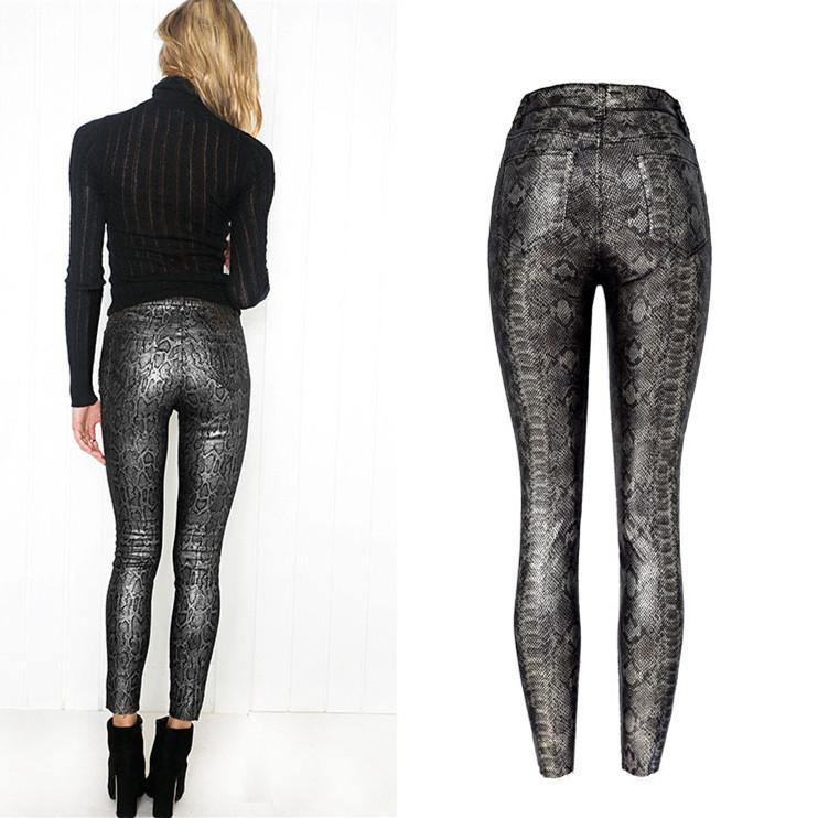 Gray Snake! Skinny Jeans, Denim with Faux Snake Skin Leather, Women Jeans, Leather Jeans-TownTiger