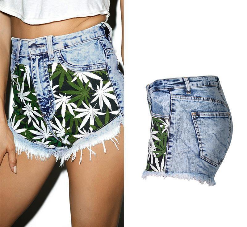 Green Leaves!Blue Jeans, Denim, Bottoms, Women Jeans, Femme Bottoms, Hot Pants-TownTiger