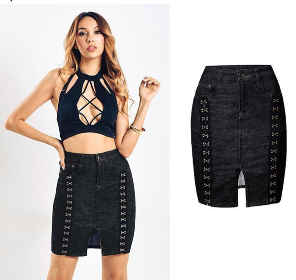 Hooks! Sexy Black Jeans Skirt with Adjustable Splits, Denim Skirt, Bottoms, Women Jeans-TownTiger