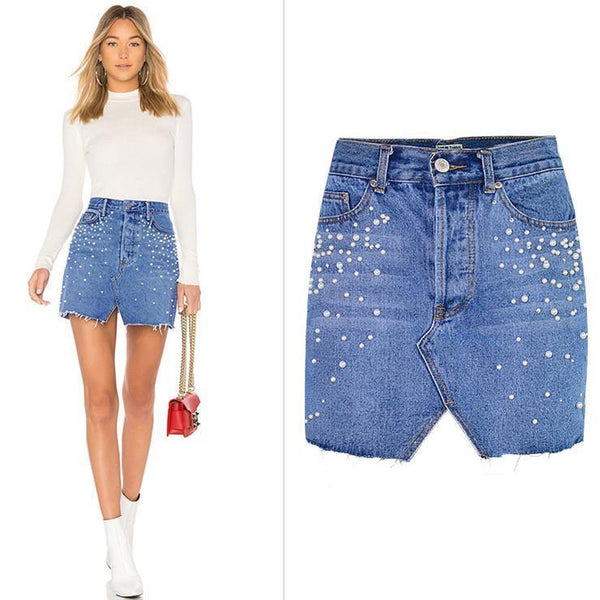 Pearls! Blue Jeans, Denim Short Skirt, Hip-Hugger, Women Jeans, Femme Bottoms-TownTiger