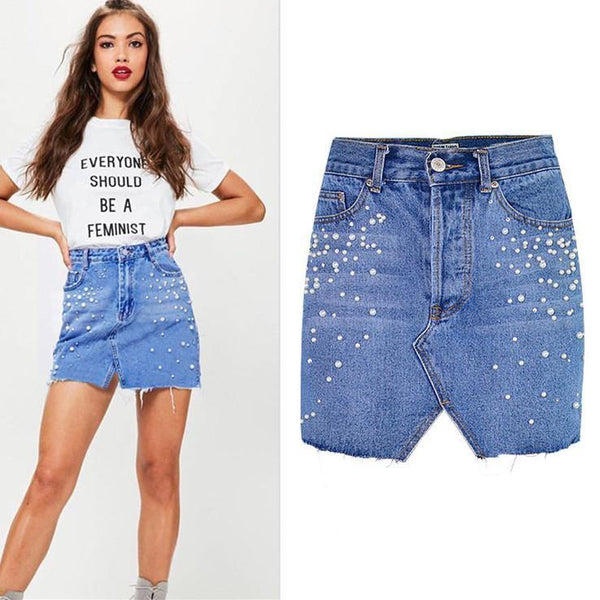 Pearls! Blue Jeans, Denim Short Skirt, Hip-Hugger, Women Jeans, Femme Bottoms-TownTiger