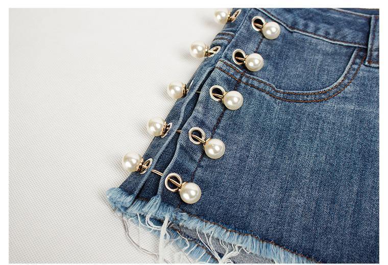 Pearls! Ripped Blue Jeans Shorts, Denim, Bottoms, Women Jeans, Femme Bottoms, Hot Pants-TownTiger