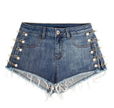 Pearls! Ripped Blue Jeans Shorts, Denim, Bottoms, Women Jeans, Femme Bottoms, Hot Pants-TownTiger