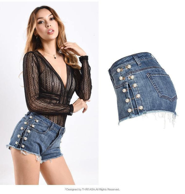 Pearls! Ripped Blue Jeans Shorts, Denim, Bottoms, Women Jeans, Femme Bottoms, Hot Pants-TownTiger