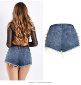 Pearls! Ripped Blue Jeans Shorts, Denim, Bottoms, Women Jeans, Femme Bottoms, Hot Pants-TownTiger