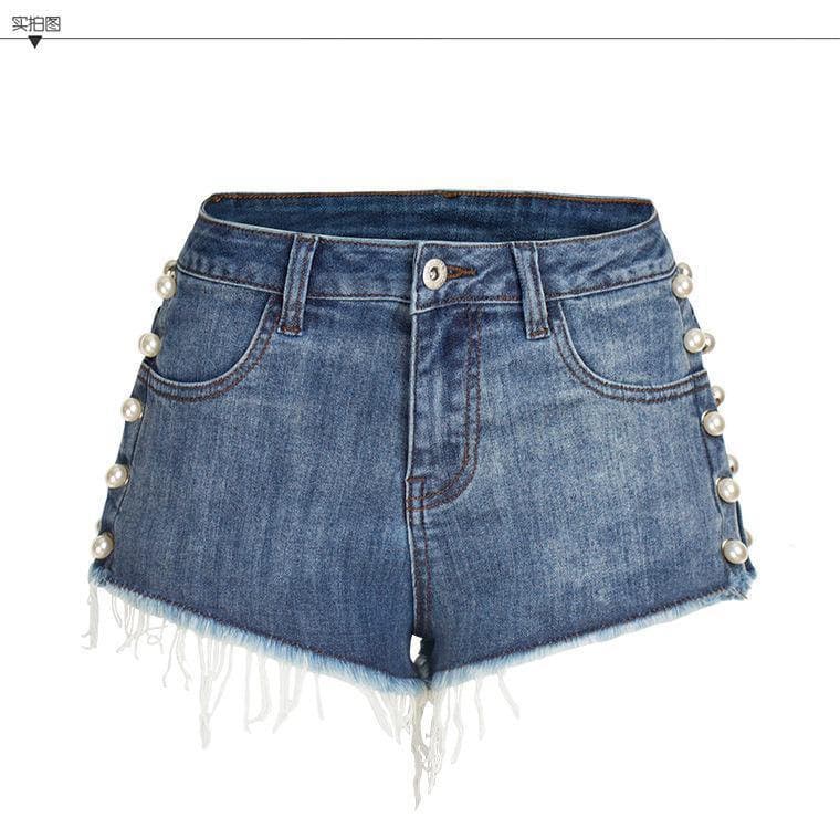 Pearls! Ripped Blue Jeans Shorts, Denim, Bottoms, Women Jeans, Femme Bottoms, Hot Pants-TownTiger