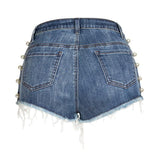 Pearls! Ripped Blue Jeans Shorts, Denim, Bottoms, Women Jeans, Femme Bottoms, Hot Pants-TownTiger