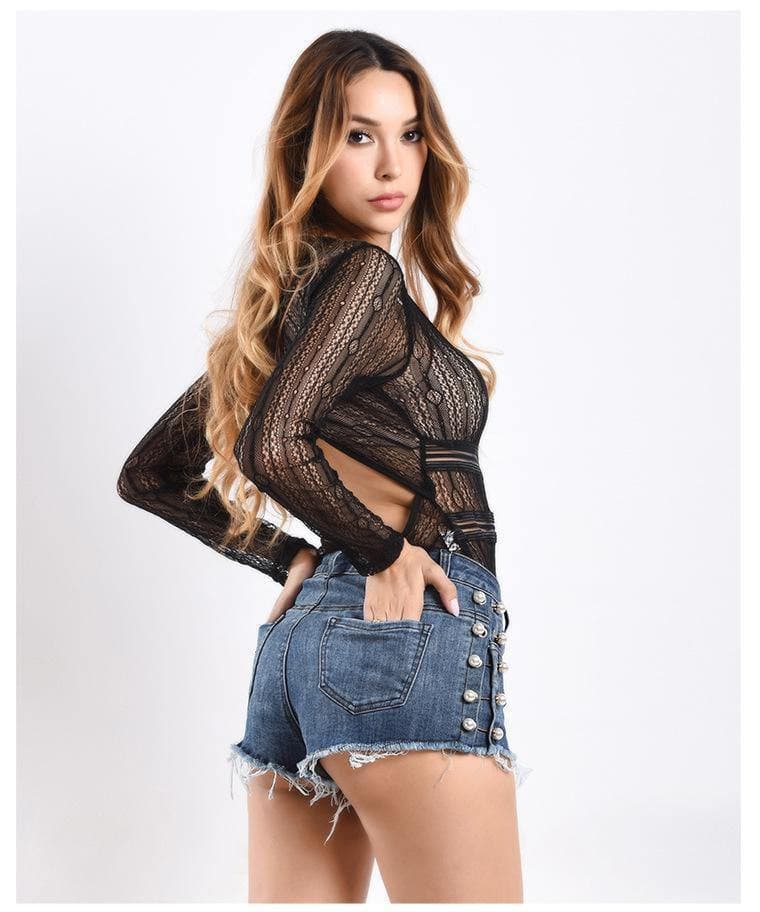 Pearls! Ripped Blue Jeans Shorts, Denim, Bottoms, Women Jeans, Femme Bottoms, Hot Pants-TownTiger