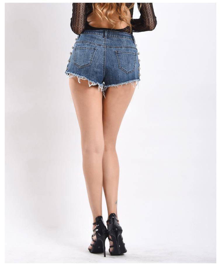 Pearls! Ripped Blue Jeans Shorts, Denim, Bottoms, Women Jeans, Femme Bottoms, Hot Pants-TownTiger