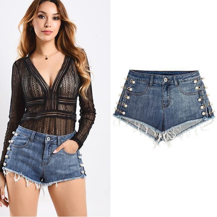 Pearls! Ripped Blue Jeans Shorts, Denim, Bottoms, Women Jeans, Femme Bottoms, Hot Pants-TownTiger