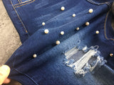 Pearls! Ripped Tight Fit Blue Jeans, Denim Skinny, Bottoms, Women Jeans, Pants Trousers-TownTiger