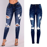 Pearls! Ripped Tight Fit Blue Jeans, Denim Skinny, Bottoms, Women Jeans, Pants Trousers-TownTiger