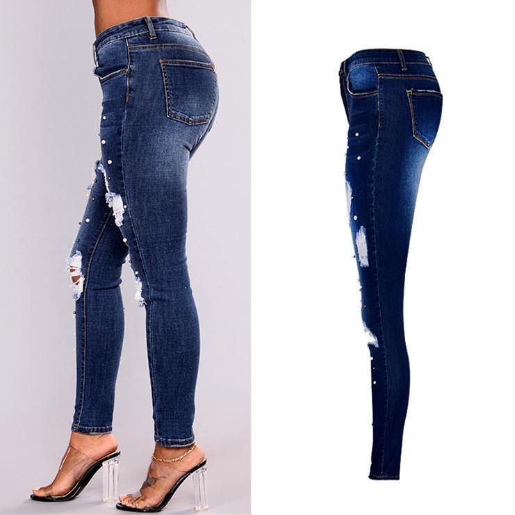 Pearls! Ripped Tight Fit Blue Jeans, Denim Skinny, Bottoms, Women Jeans, Pants Trousers-TownTiger