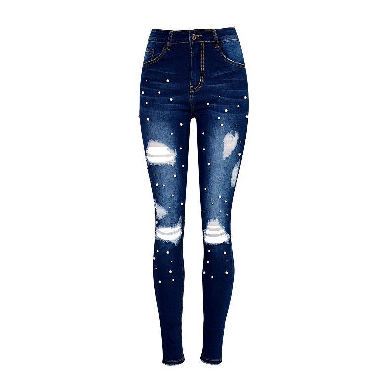 Pearls! Ripped Tight Fit Blue Jeans, Denim Skinny, Bottoms, Women Jeans, Pants Trousers-TownTiger