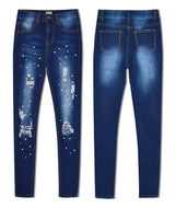 Pearls! Ripped Tight Fit Blue Jeans, Denim Skinny, Bottoms, Women Jeans, Pants Trousers-TownTiger