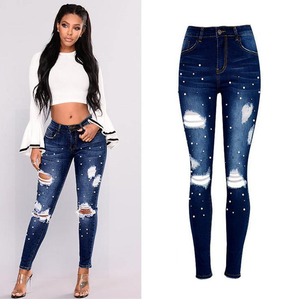 Pearls! Ripped Tight Fit Blue Jeans, Denim Skinny, Bottoms, Women Jeans, Pants Trousers-TownTiger