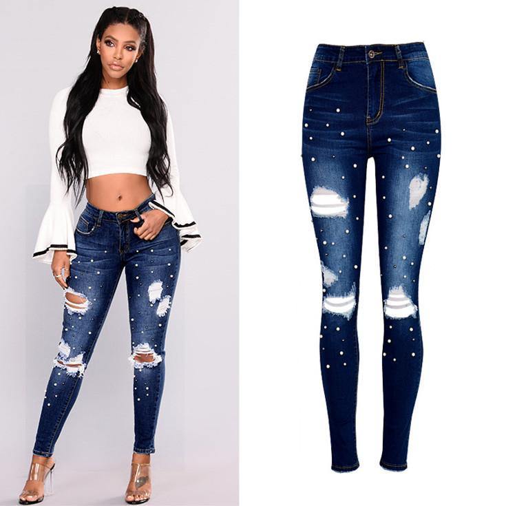 Pearls! Ripped Tight Fit Blue Jeans, Denim Skinny, Bottoms, Women Jeans, Pants Trousers-TownTiger