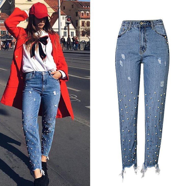 Pearls!Blue Jeans, Denim, Bottoms, Women Jeans, Femme Bottoms, Pants Trousers-TownTiger